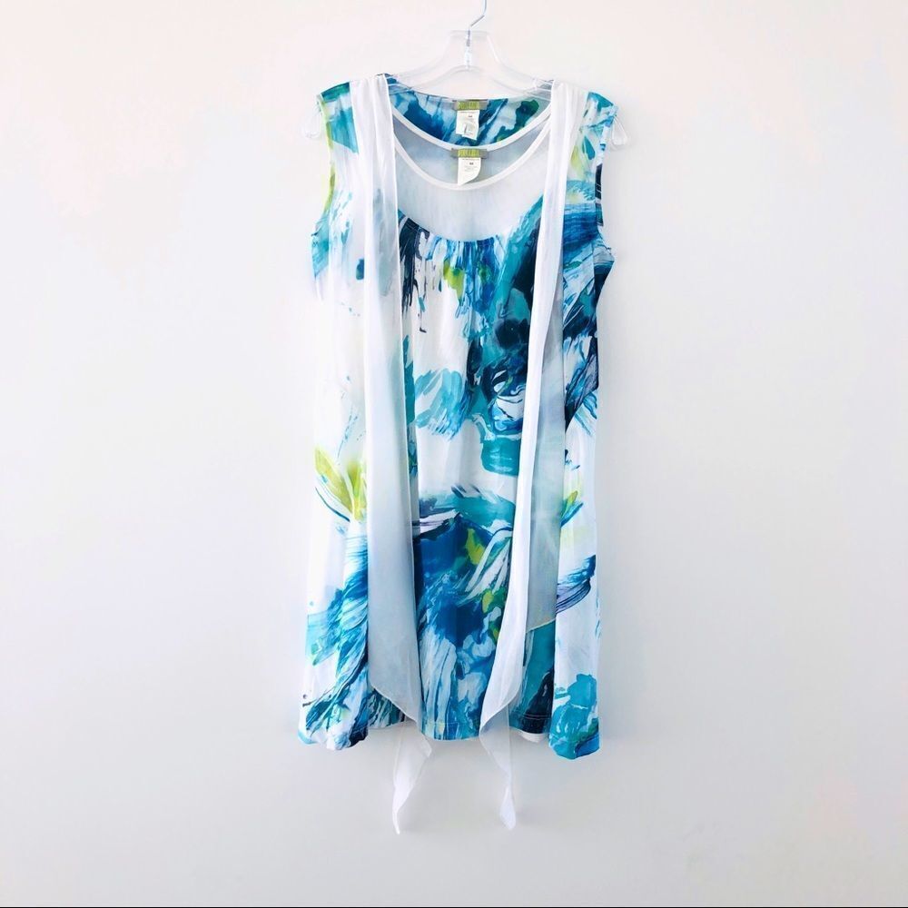 Dolcezza Mesh Watercolor Simply Art Midi Dress With Waterfall Detail Summer M